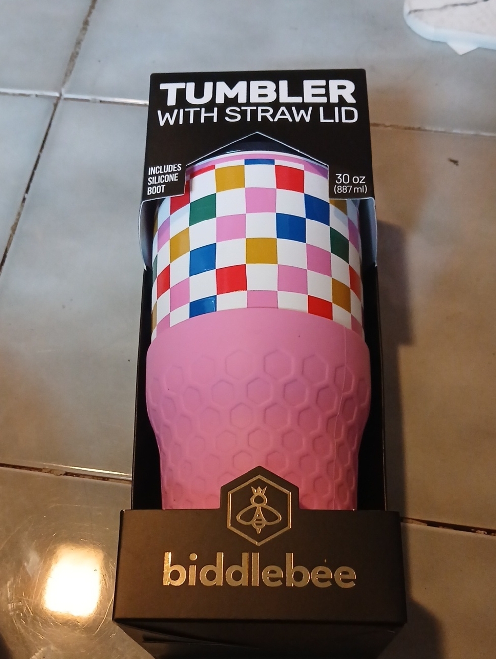 Biddlebee Pink Checkerboard  Tumbler with Straw Lid